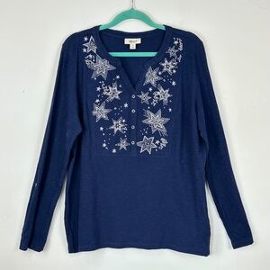 Style & Co Women's Navy Embroidered Stars Cotton Henly Top XL Boho Patriotic
